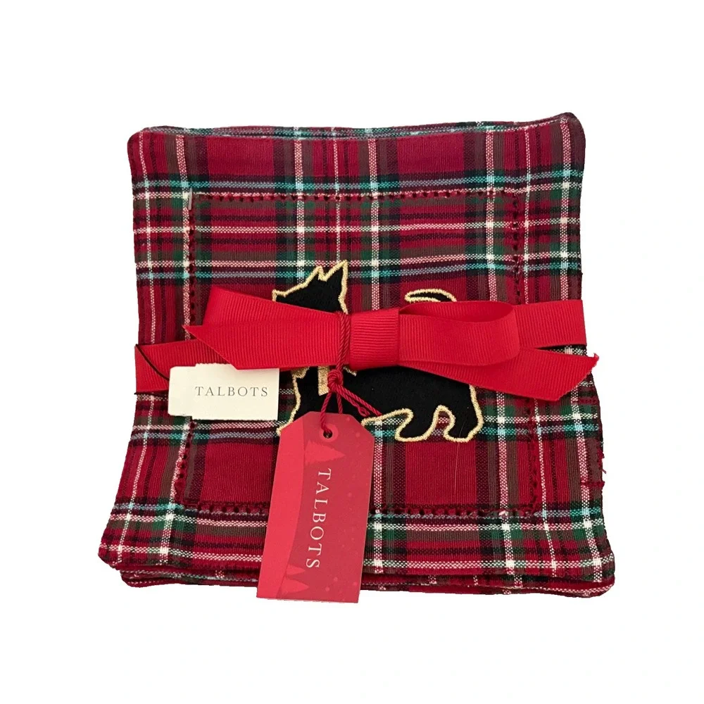 Talbots ~ Red Tartan Plaid Scottie Dog Christmas 4 Cotton Cocktail Napkins ~ New